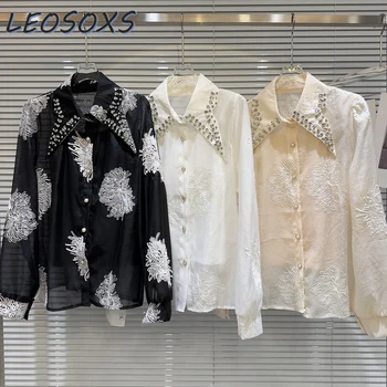 2023 Нов класически стил кристал формован яка бродирани цвете елегантен хайлайф модни блузи дълъг ръкав жени риза