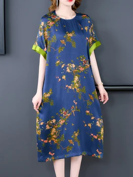 Дамска висококачествена синя флорална копринена рокля Midi 2023 Корейска елегантна свободна рокля Waisi Лятна мода къс ръкав Casual Vestidos