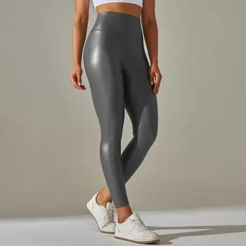 Високи панталони Висока талия изкуствена кожа йога панталони Butt-повдигнати разтегливи дишащи панталони за жени ластик вталени