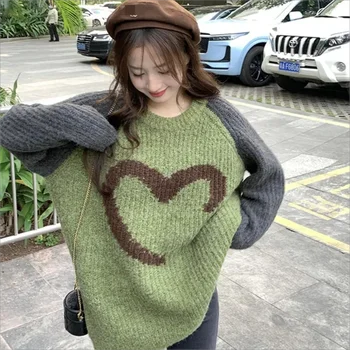 есен и зима нова корейска версия ретро мързелив стил дизайн смисъл ниша любов Сърце хлабав плетен пуловер дамски