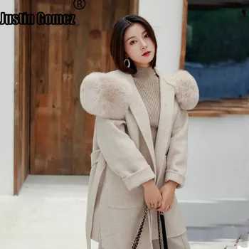 Зима 2021 Стилна топла естествена лисица кожа коса яка палто мода сгъстяване хлабав жени Midi палто корейски връхни дрехи Жени