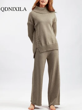 Pant комплекти Есен Зима 2023 Ново в случайни поло врата плътен цвят пуловер висока талия широк крак панталони две части комплект за жени