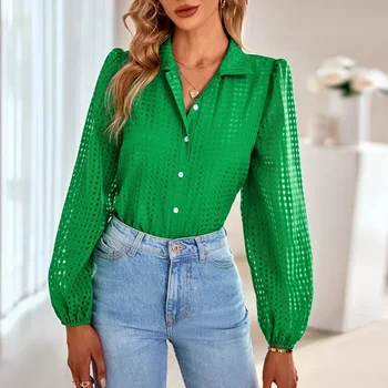 Fashion Едноредна зелена карирана блуза Дамски върхове Есен дълъг ръкав ежедневни ризи Дамско облекло Офис блуза Blusas 23920