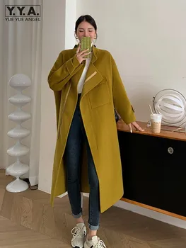 Дизайнерска стойка яка двустранно вълнено палто жени есен извънгабаритни дълги вълнени ветровка тренч палта зимни свободни палта