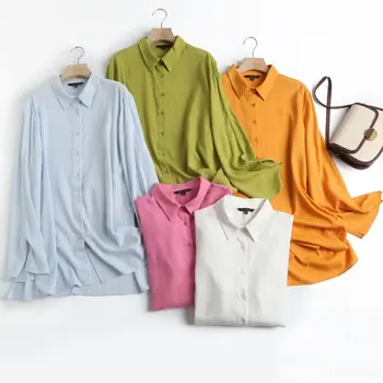 Жени 2023 Нова мода лято разрязан удобен плътен цвят риза с дълъг ръкав реколта случайни шик женски ризи Блуза върховете