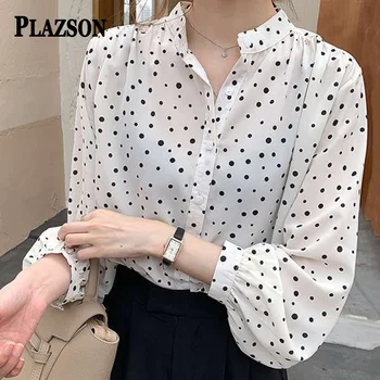 PLAZSON Нови 2023 летни дамски блузи Елегантен офис дама шифон ризи точка печат стойка яка корейски стил Топ бели руси
