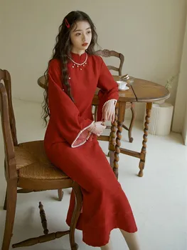Рокля китайски стил Cheongsam есен зима нов плътен цвят стендъп яка прикован мъниста дълъг ръкав цепка дамско облекло M268