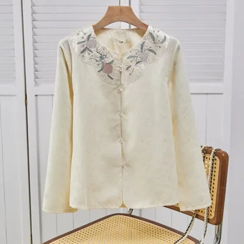 Сатенена бродерия Дамски ризи Копринени блузи Блузи в китайски стил О-образно деколте Дамско облекло Мода Блузи с дълги ръкави YCMYUNYAN