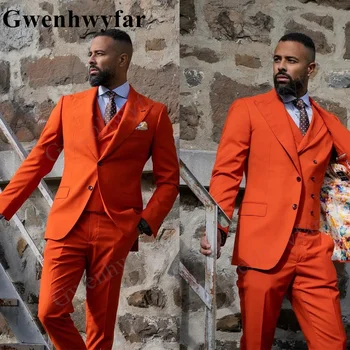 Gwenhwyfar светло оранжево сиво мъжки костюми пригодени 3 бр нетактичност жилетка панталони голям връх ревера еднореден сватба тънък персонализиран