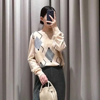 2023 Есен и зима Нов пуловер диамант модел кашмир вълна пуловер жени ретро контраст цвят пуловер