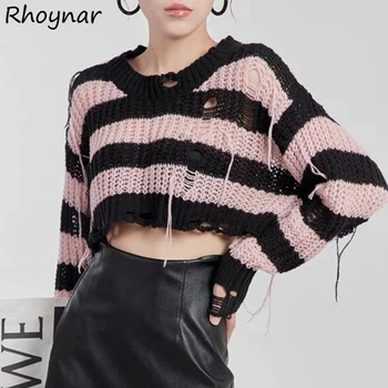 Жените райета пуловери реколта протрити стилен корейски стил hotsweet пуловер готино женско улично облекло популярни основи