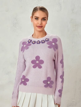 жени Y2k цветен печат плетен пуловер оребрени плета дълъг ръкав отгоре екипажа врата сладък тийнейджър момиче естетически хлабав пуловер