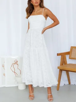 Летни рокли Дамско облекло 2022 Спагети каишка отворен обратно вратовръзка секси бяла Midi рокля жакард елегантна вечерна парти рокля