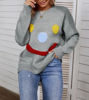 Дамски модерен пуловер 2023 Нов пуловер с дълъг ръкав около врата усмихнато лице дебел хлабав монтаж пуловер върхове за жени