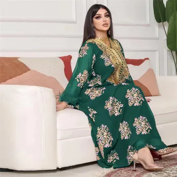 бродирани пера Abaya жени мюсюлманска рокля ислямско облекло Дубай Турция Kaftan арабски роба Jalabiya Мароко Eid Djellaba рокля