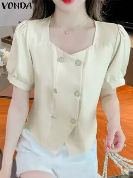 VONDA Дамски ризи с къс ръкав Неправилна блуза 2024 Бохемски летни върхове Секси квадратно деколте мода плътен цвят Blusas