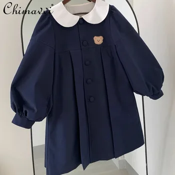 Японски стил кукла яка дълъг ръкав Дамско палто 2023 Есен Зима Момиче Студенти Средна дължина Еднореден Loose Връхни дрехи