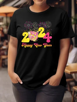 Plus-size дамска тениска с къс ръкав за посрещане на Нова година, Честита Нова Година модел, обло деколте, ежедневна мода, размери от L до 5