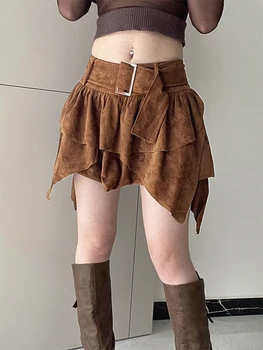 Дамски модни мини поли плътен цвят неправилен подгъв плисирани поли пролетни къси поли с колан с катарама
