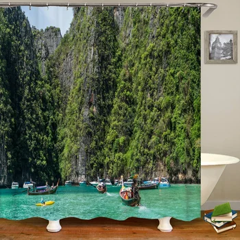 Seaside Sea Island Beach Scenery Отпечатана завеса за душ с кука декор Водоустойчива завеса за баня 3D завеси за душ 240 * 180