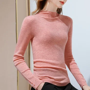 Нежен трикотаж 2023 Пролет Нов плътен цвят Проста дънна риза Дамски дълги ръкави Вътрешно облекло Половин яка вълнен пуловер