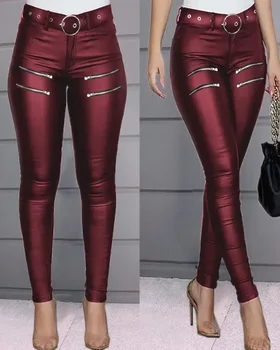 2023 Нова мода дамски панталони елегантен цип дизайн висока талия Pu кожа кльощава панталони женски панталон случайни дъното женски