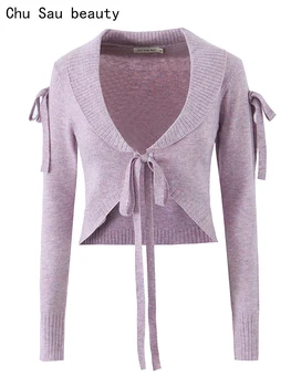 Chu Sau beauty 2023 Жени Нова мода Сладък лък вързани еластични плетени жилетки Сладък ревера яка пуловери Шик тънък трикотаж