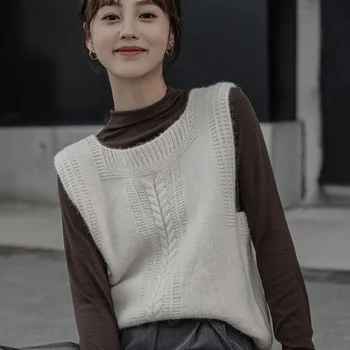 Плетен пуловер пуловер жилетка жени пролет 2023 нов малък аромат хлабав пуловер със сгъваем и гъвкав пуловер потник
