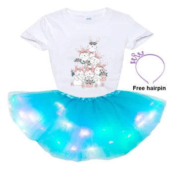 Girls Детска рокля Дрехи Къса тениска + Glow Пайети Поли Рокля Комплект 2024 Лятно облекло Рожден ден Персонализиран светещ костюм от пола