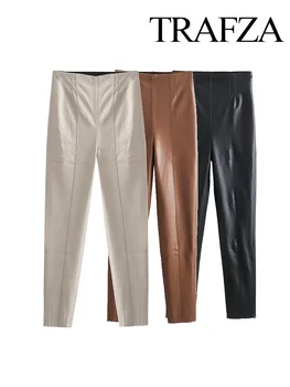 TRAFZA 2024 Жените твърди PU изкуствена кожа стилен стреч панталони Streetwear висока талия дами молив панталони пълна дължина дъна