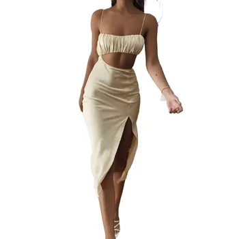 2023 Нова дамска прашка със средна дължина европейска и американска лятна секси куха навън сплит увита хип неправилна рокля
