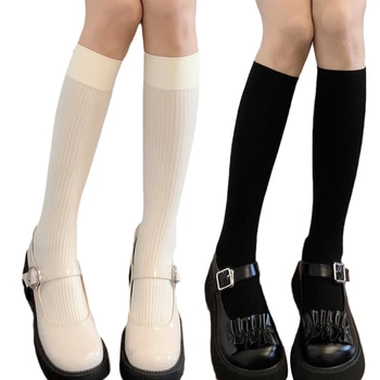 Японки Preppy жени коляното високи чорапи сладък млечен бял черен вертикален райе плътен цвят студент униформа тънък теле