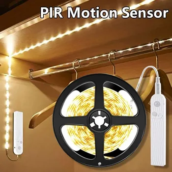 PIR сензор за движение LED лента батерия светлина Гъвкава лепяща лампа лента Интелигентно включване OFF за килер стълби кухненски шкаф светлина