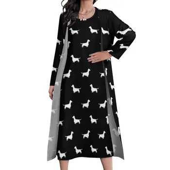 Wiener Dog Print Dress Autumn Dachshund Silhouette Street Fashion Bohemia Long Dresses Female Elegant Maxi Dress Large Size