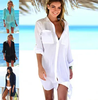 Бръчки плат джоб плажна блуза риза стил морски празник слънцезащитна риза бикини блуза пролет лято плаж свободно време мода