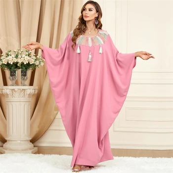 Розови абаи за жени 2024 Мода мюсюлманска рокля с ръкав Batwing Oversize Африканска Дашики Марокански кафтан ислямски облекло роба