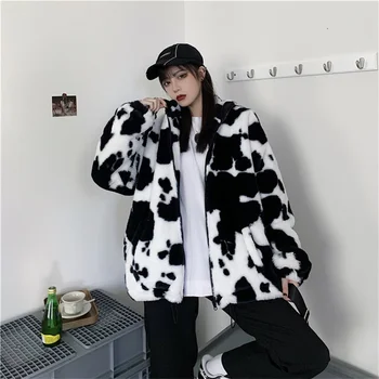 Корейски Зима Ново хубаво палто Harajuku крави печат хлабав пълен ръкав кожено яке реколта фланела запази топли памучни дрехи