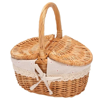 Ръчно изработена плетена кошница с дръжка, плетена къмпинг кошница за пикник с двойни капаци, кошница за съхранение на пазаруване с кърпа Lin