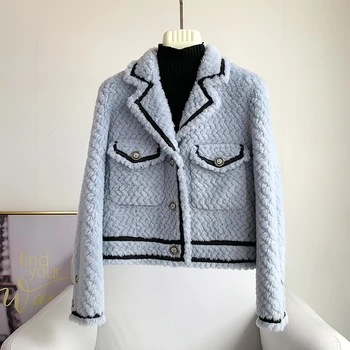 Lady Fashion Sheep Shearling Warm Short Coat Female Lamb Wool Fur Winter Suit Jacket Parka Overcoat JT3221