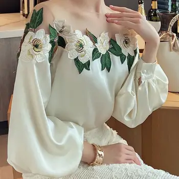 полиестерна риза жени елегантна сатенена бродирана марля риза стилна удобна блуза дамски дълъг ръкав дишащ полиестер