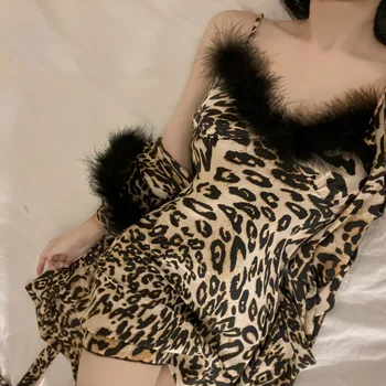 Жени леопард печат кимоно роба рокля комплект секси кожа апликация v-образно деколте без гръб нощница костюм дома рокля спално облекло халат