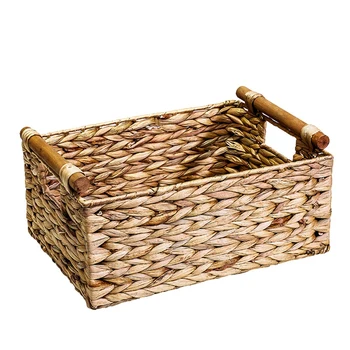  плетена кошница правоъгълна с дървени дръжки за рафтове, съхранение на кошница с воден зюмбюл, естествени кошници