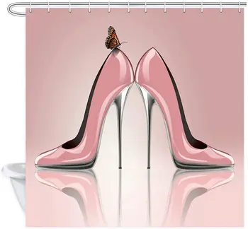 Мода дама розов висок ток обувки душ завеса баня декорации