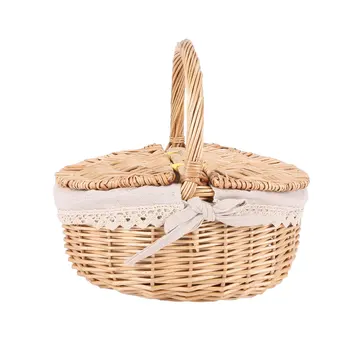 Ръчно изработена плетена кошница с дръжка Плетена къмпинг кошница за пикник с двойни капаци за съхранение затруднява кошницата с кърпа подплата