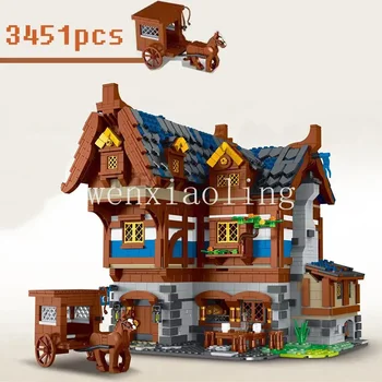 Нов 033002 съвместим MOC-70187 Средновековна механа Таун Ин Тухла Таун Стрийт Вю Модулна къща модел градивен блок подарък
