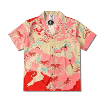Лятна двойка облекло реколта случайни извънгабаритни мъж хавайски плаж риза нов Trendyol мъжки кран печат къс ръкав розови ризи