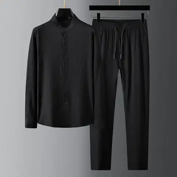 Мъжки ежедневни дрехи ластик Мъжка риза панталони комплект широк крак стойка яка еднореден плътен цвят тънък мек случаен дълъг