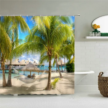 Palm Trees Beach Shower Curtain Tropical Ocean Sky Jungle Islands Nature Scenery Bathroom Decor Bath Curtains Waterproof Screen