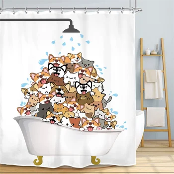 Дъждовни котки и кучета душ завеса лайнер за деца облаци и дъждовни капки карикатура динозавър силует печат плат душ завеса