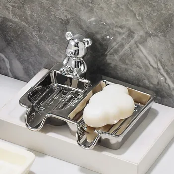 Simple Прекрасен дренаж сапун кутия крем мечка форма-домакински керамичен сапун кутия-мивка баня-керамичен сапун плоча